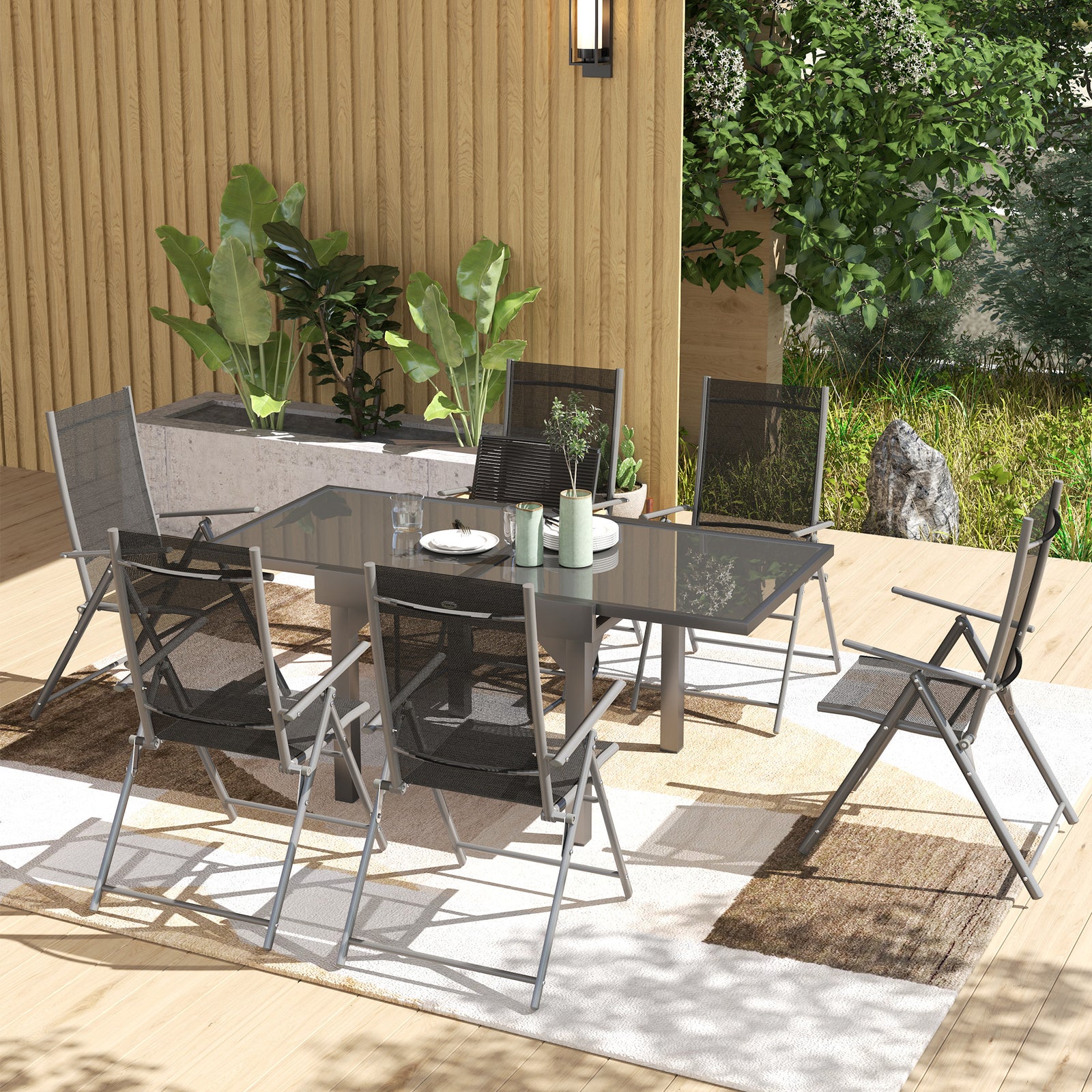 7 Piece Outdoor Dining Set with Extendable Table and 6 Folding Chairs for Patio, Balcony, Deck, Grey