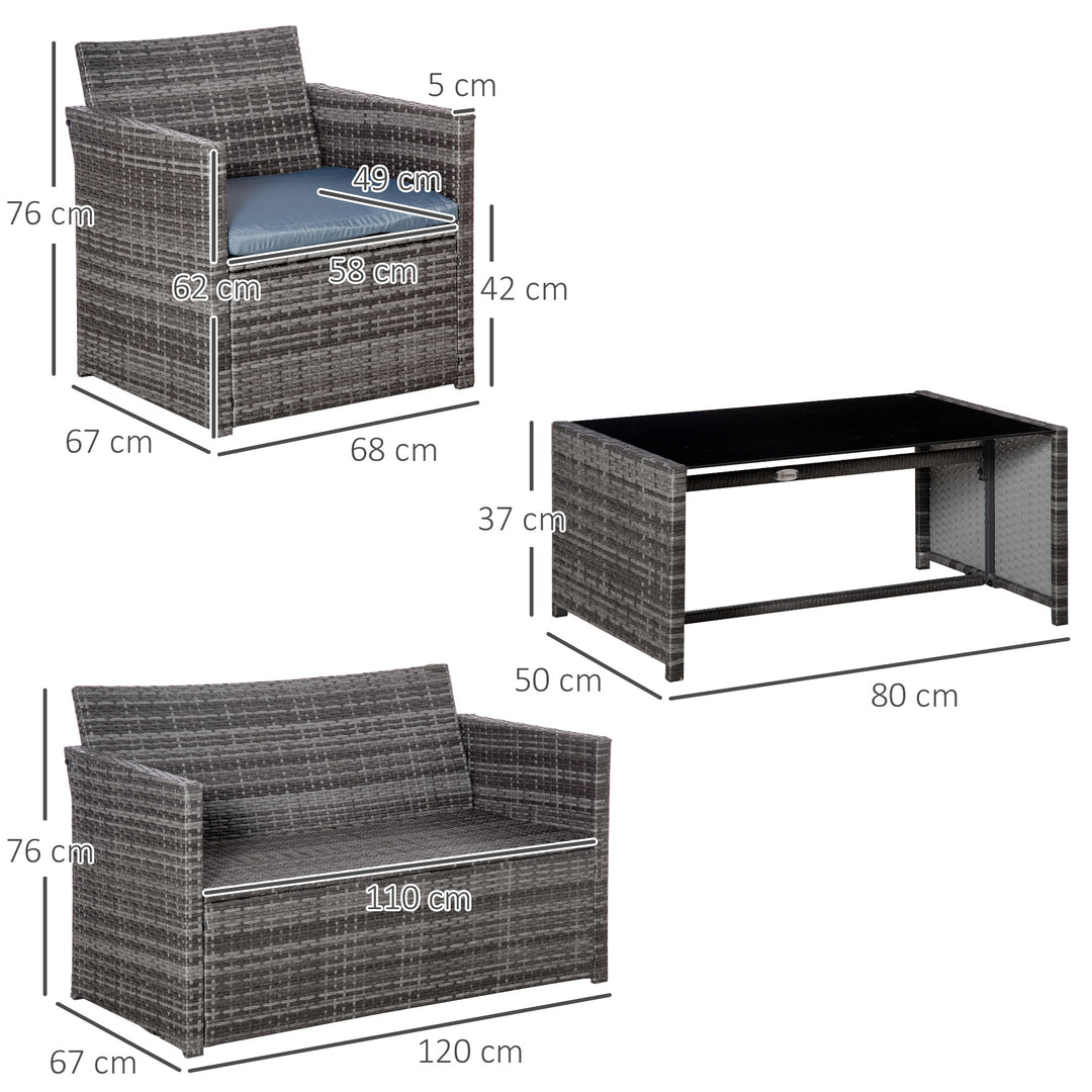4 Pieces PE Rattan Garden Sofa Set with Cushions, Outdoor Patio Wicker Weave Conservatory Furniture Set with a Loveseat, 2 Armchairs and a Glass Top Coffee Table, Grey