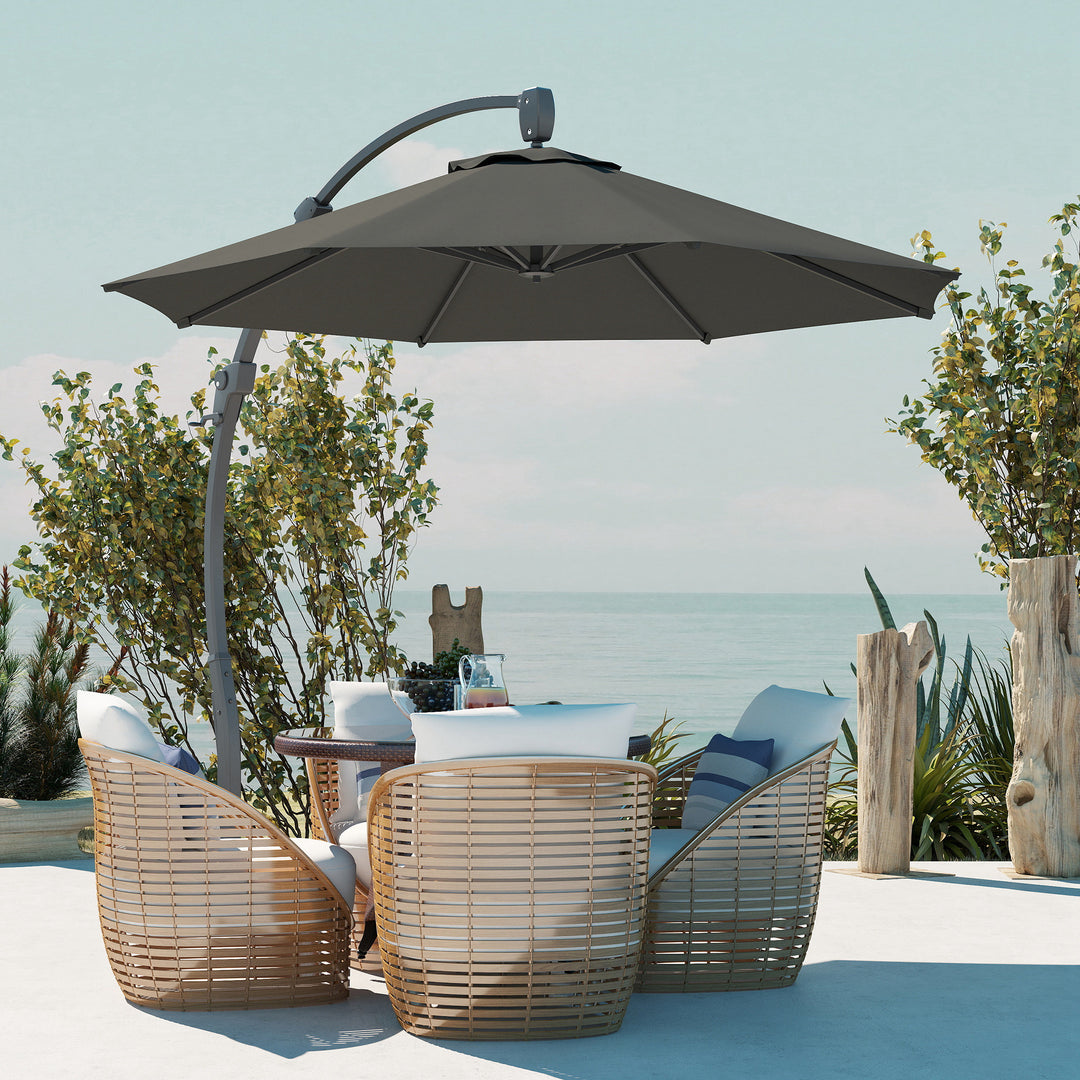 3(m) Garden Cantilever Parasol, Round Overhanging Umbrella with Crank Handle, Cross Base, Aluminium Frame and 360° Rotation, Banana Patio Umbrella for Outdoor Sun Shade, Grey