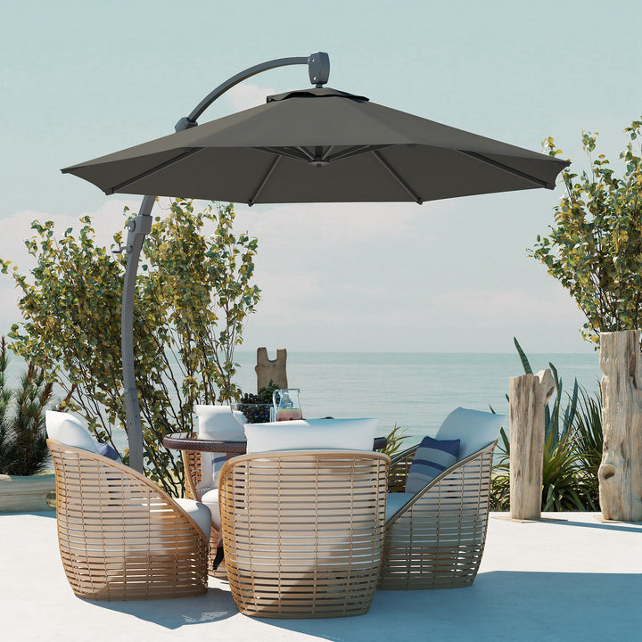 3(m) Garden Cantilever Parasol, Round Overhanging Umbrella with Crank Handle, Cross Base, Aluminium Frame and 360° Rotation, Banana Patio Umbrella for Outdoor Sun Shade, Grey