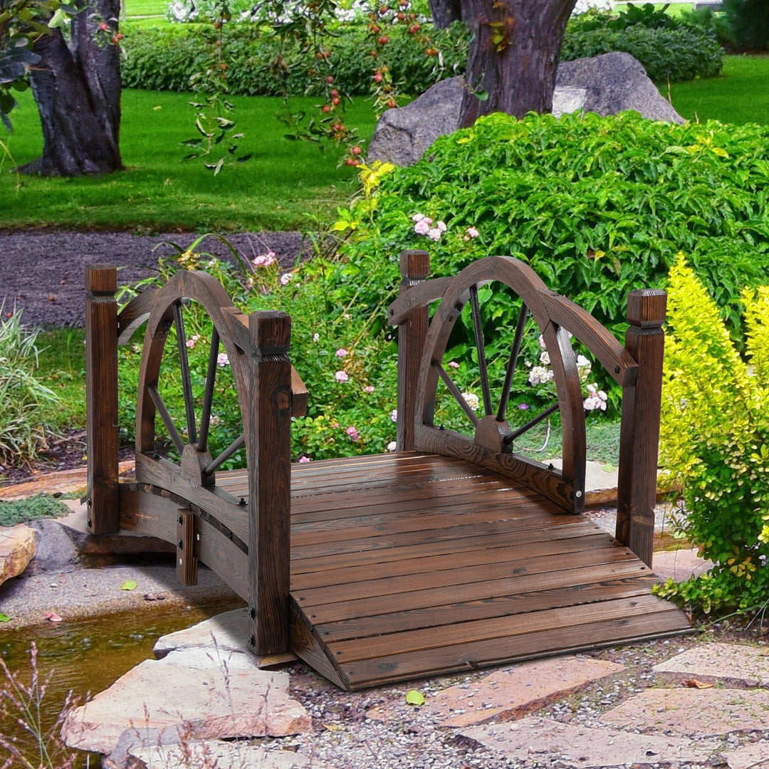 Outsunny Wooden Garden Bridge Decorative Arc Footbridge with Safety Guardrail Outdoor Lawn Pond Bridge Walkway Stained Wood | Aosom UK