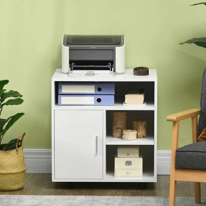 Multi-Storage Printer Stand Unit Office Desk Side Mobile Storage w/ Wheels Modern Style 60L x 50W x 65.5H cm - White