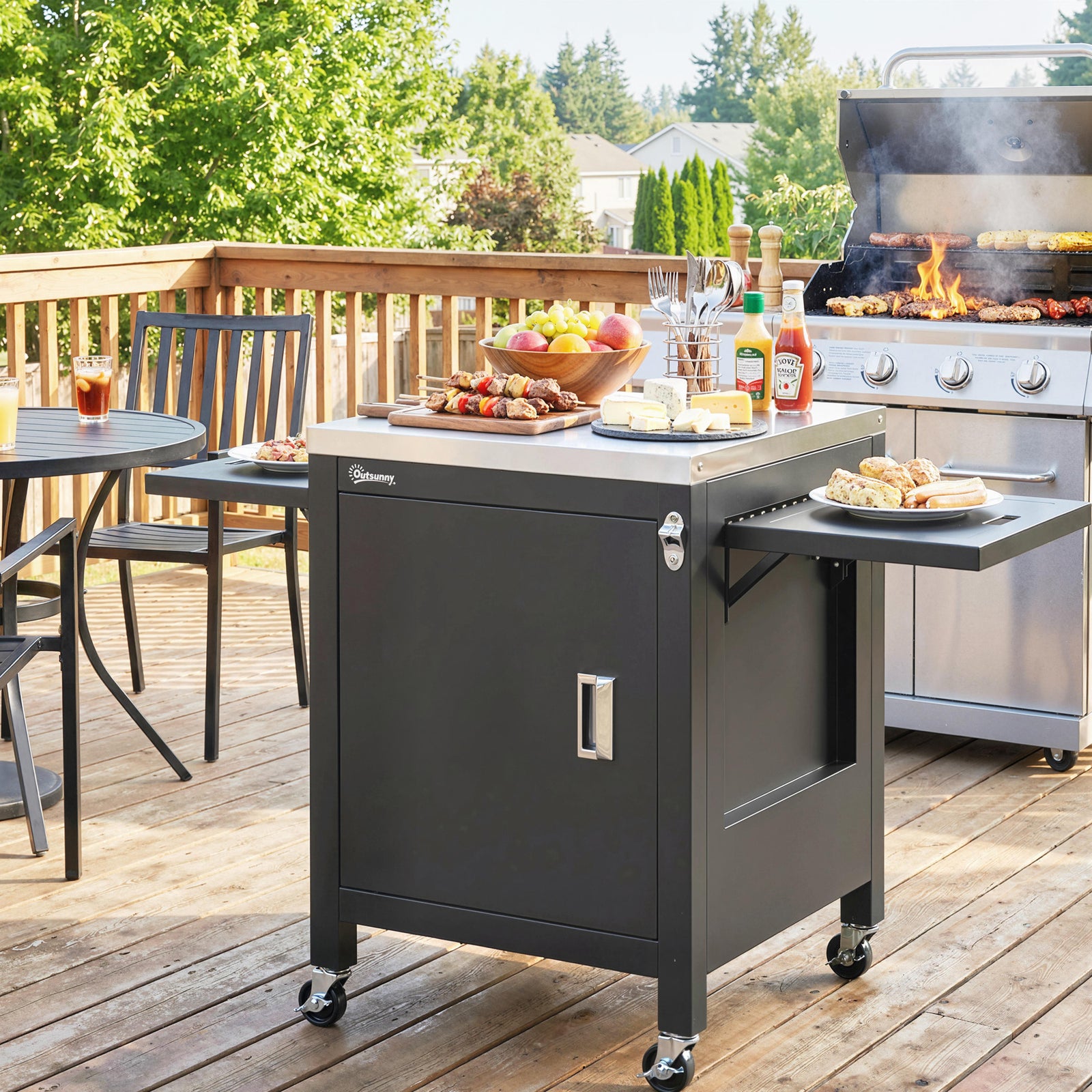 Outdoor Grill Cart with Stainless Steel Tabletop, BBQ Table with a Cab