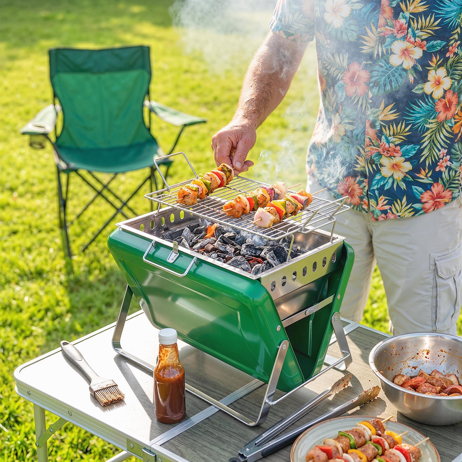 Charcoal BBQ Grill Portable Stainless Steel Barbecue with Tilting Grat