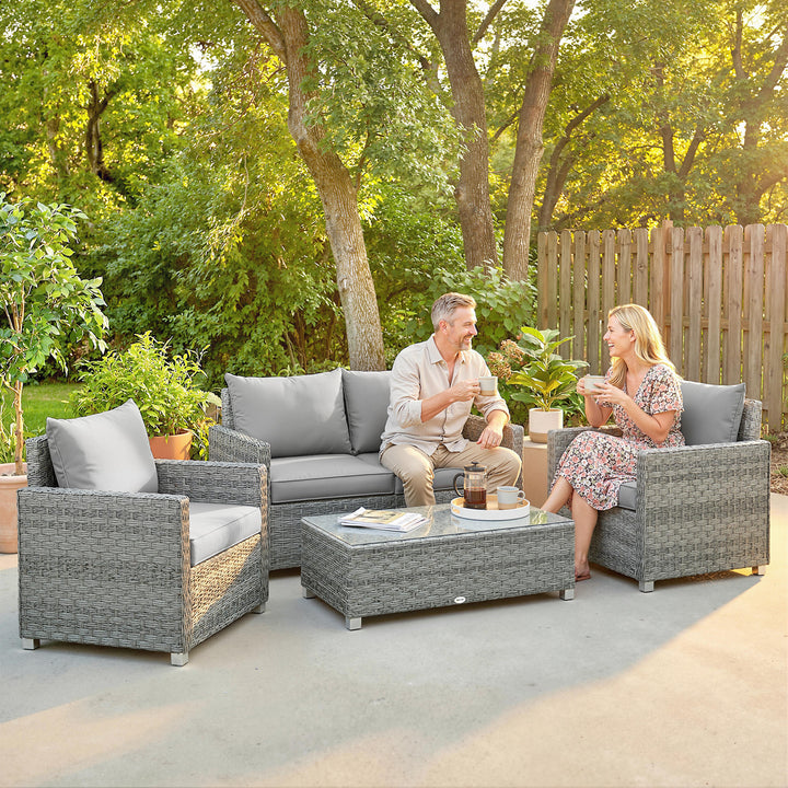 4 Piece Rattan Garden Furniture Set with Loveseat, 2 Armchairs, Glass-
