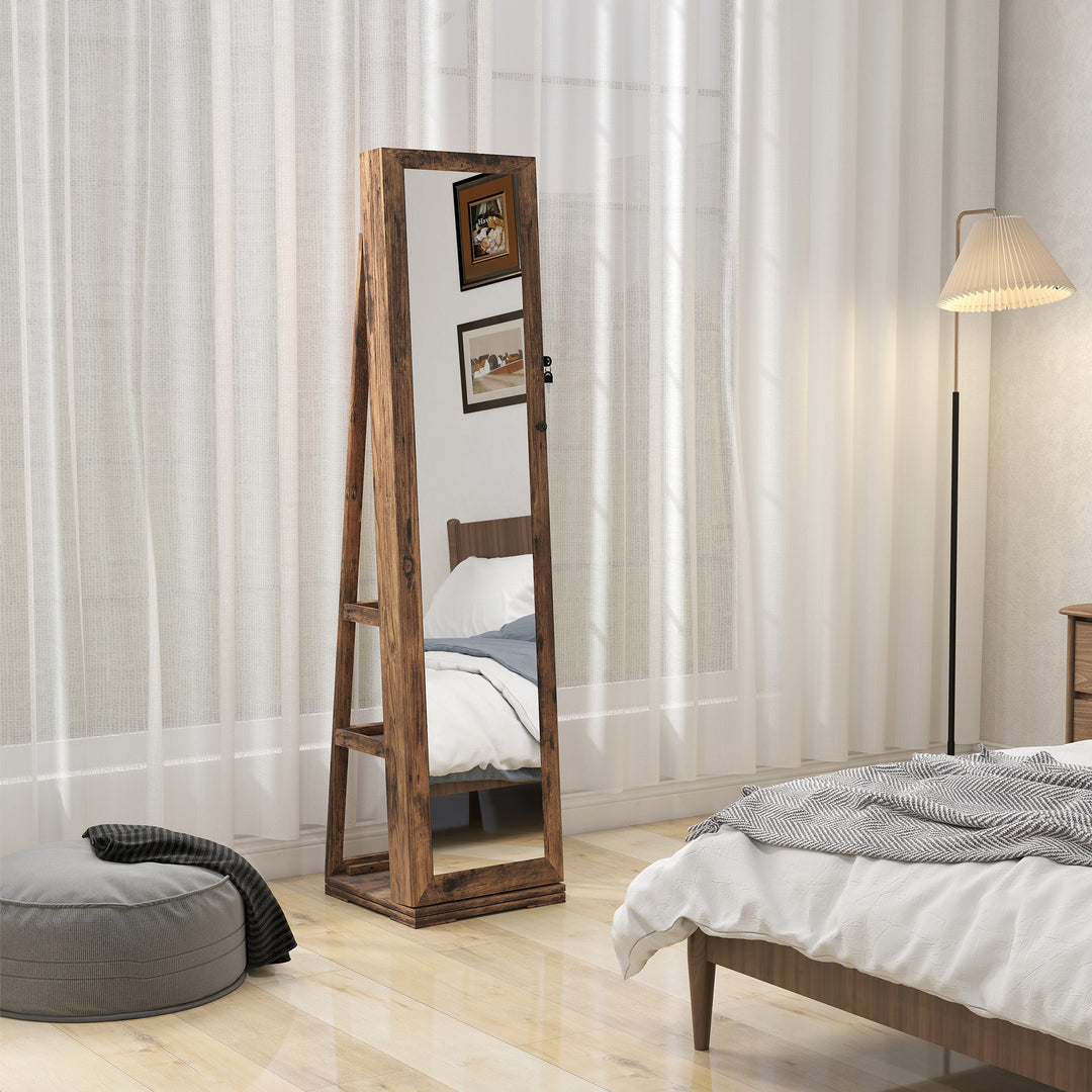 360° Swivel Jewellery Cabinet, Free Standing Full Length Mirror with Storage, Lockable Jewellery Organiser with Built-in Makeup Mirror and Storage Shelves for Bedroom, Rustic Brown