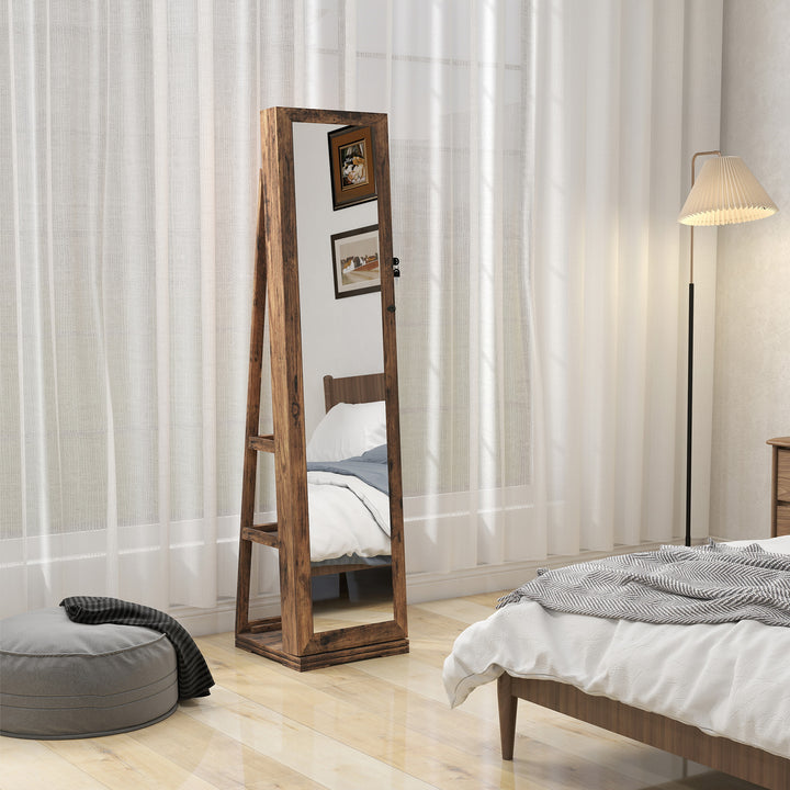 360° Swivel Jewellery Cabinet, Free Standing Full Length Mirror with Storage, Lockable Jewellery Organiser with Built-in Makeup Mirror and Storage Shelves for Bedroom, Rustic Brown