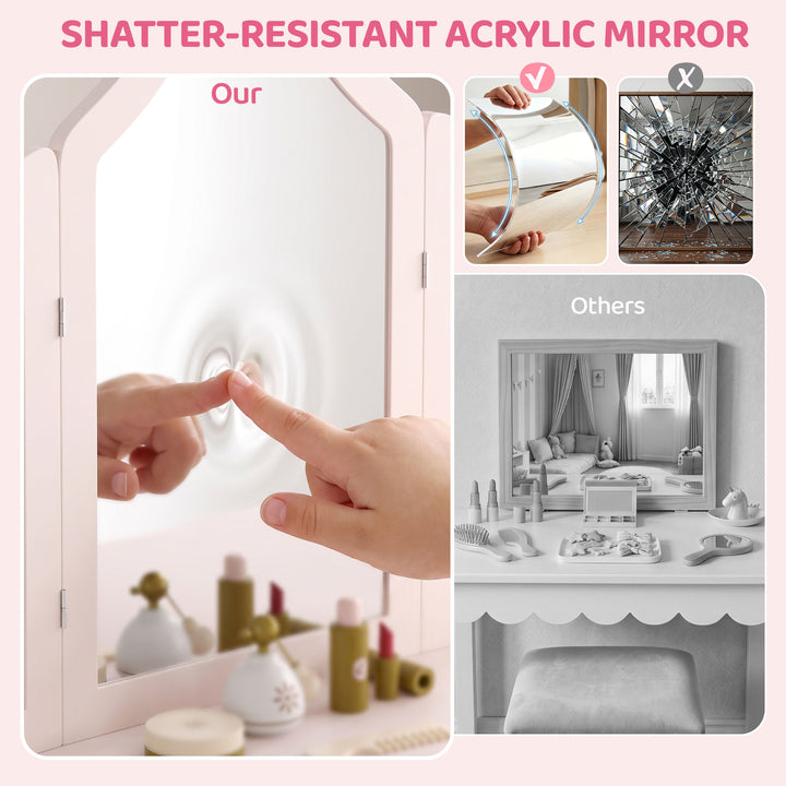 Kids Dressing Table, Kids Vanity Table and Chair Set with Tri-Folding 