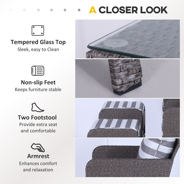 MCL 5 Pieces PE Rattan Garden Furniture Set with 10cm Thick Padded Cushions, Wicker Weave Outdoor Seating Chairs with 2 Armchairs, 2 Stools, Glass Top Table, Dark Grey