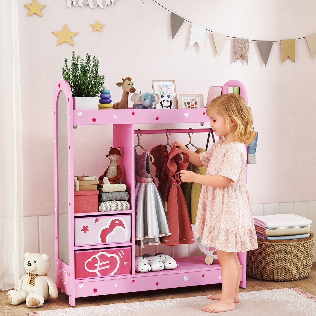 Kids Clothes Rail, Kids Wardrobe with Mirror, Shelves, Fabric Storage and Hooks for Bedroom, Nursery