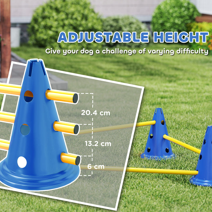 Dog Agility Equipment Set of Six Cones, Six Poles with Carry Bag, Three-Piece Adjustable Height Jumping Obstacles, Blue