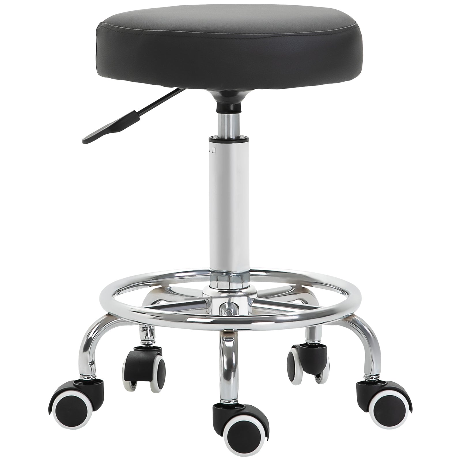 Round Rolling Stool, PU Leather Height Adjustable Stool Chair with Wheels and Swivel Seat for Salon, Massage, Spa, Home Kitchen, Black