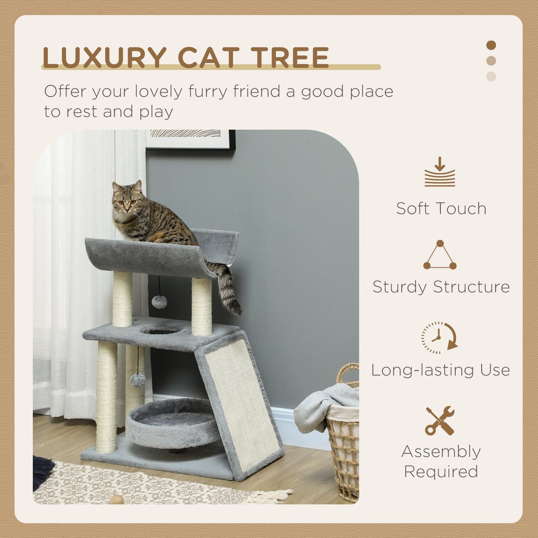 PawHut Cat Tree Tower: Scratching Posts, Cosy Bed & Perch, Interactive Ball Toy for Feline Fun, Light Grey | Aosom UK