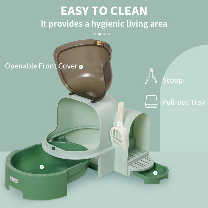 2 in 1 Cat Litter Box, with Drawer Pans, Scoop, Openable Cover - Green