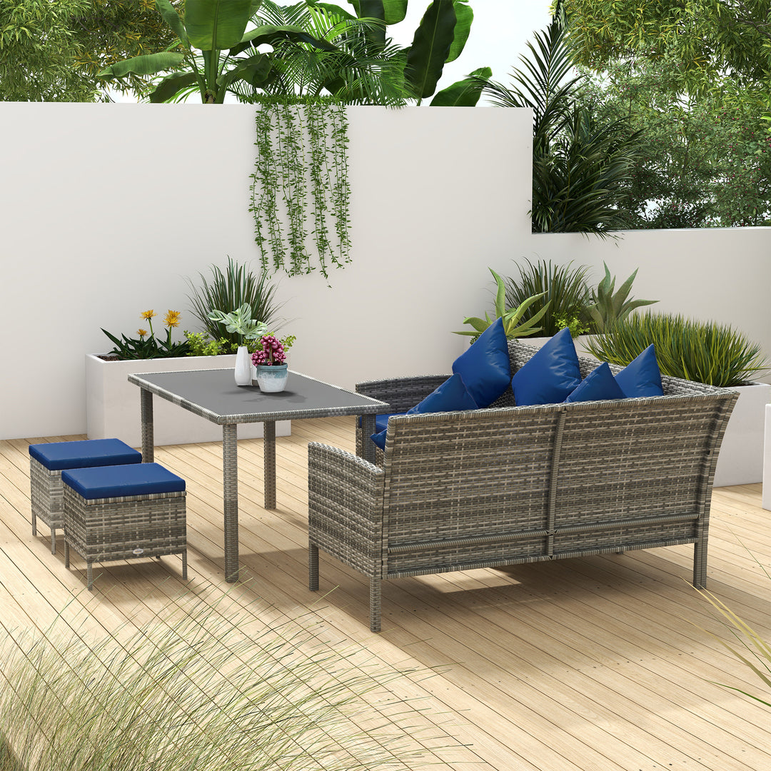 5 Pieces Rattan Garden Furniture Set with Dining Table, Cushions - Dark Blue