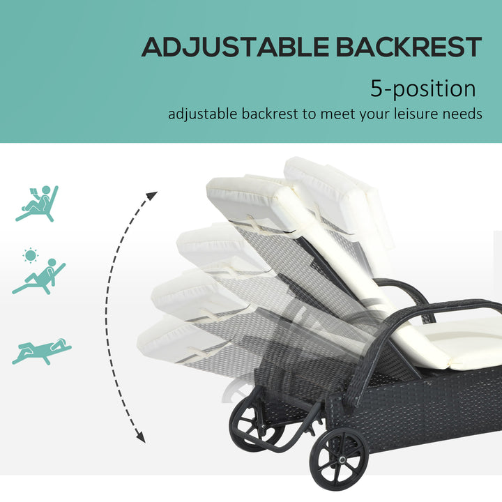 MCL Rattan Sun Lounger, Garden Lounger Recliner with Wheels and Adjustable Backrest, Outdoor Reclining Sunbed Garden Chair with Cushion and Headrest for Patio, Beach, Terrace, Black