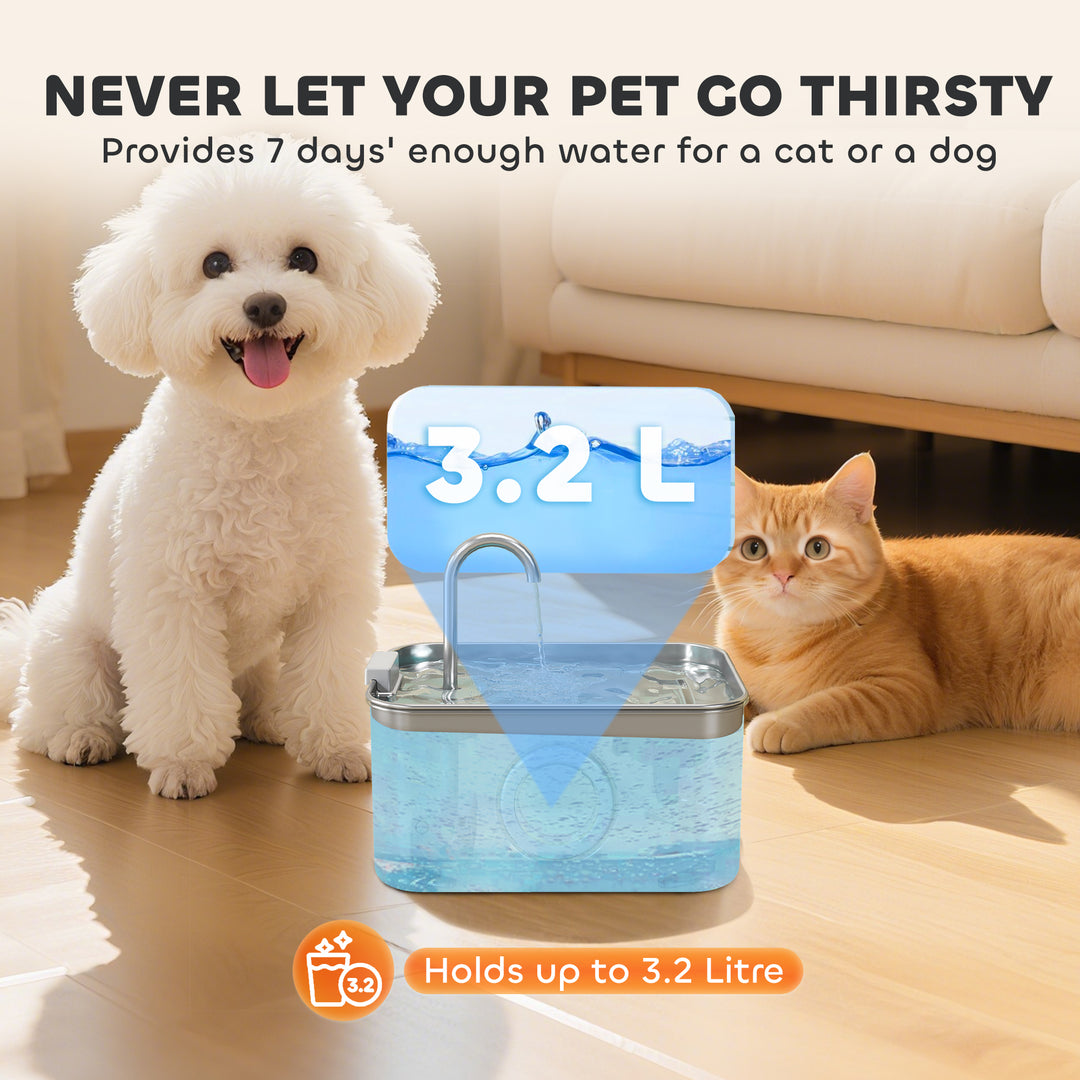 3.2L Cat Water Fountain for Drinking, Cat Fountain Stainless Steel with Visible Water-Level Window, Ultra-Silent Pump