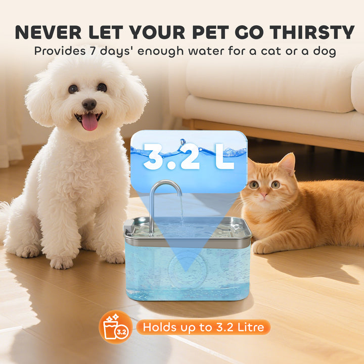 3.2L Cat Water Fountain for Drinking, Cat Fountain Stainless Steel with Visible Water-Level Window, Ultra-Silent Pump