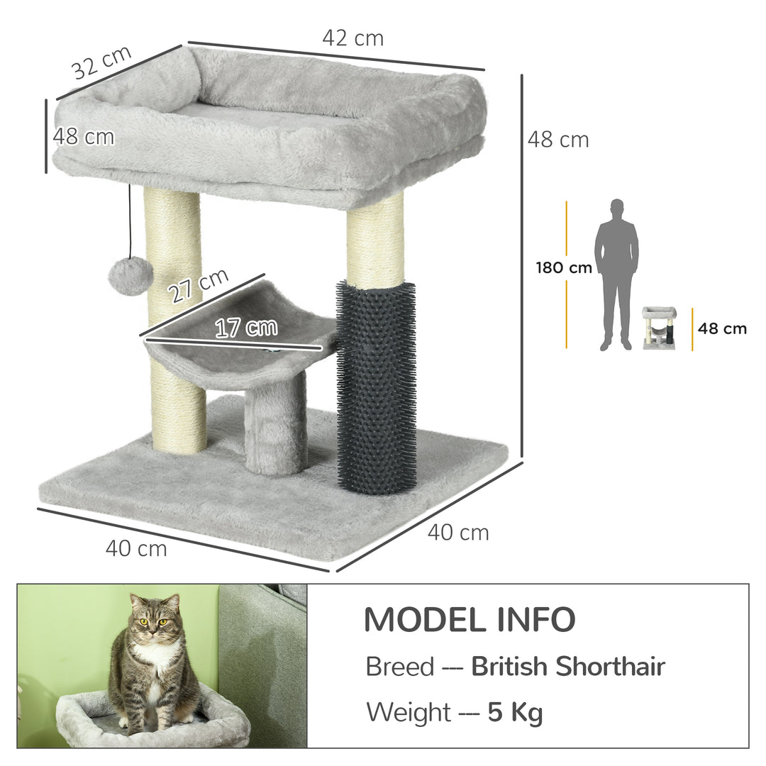 PawHut Cat Tower, 48cm Tree with Self Groomer, Scratching Post & Hanging Ball, Perches, Grey