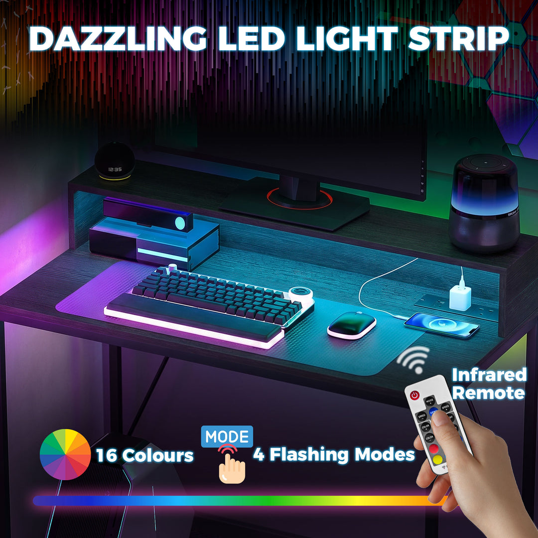 Gaming Desk, 100cm Computer Desk with LED Lights, Power Outlets, Monit