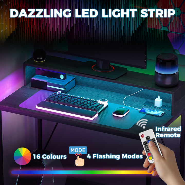 Gaming Desk, 100cm Computer Desk with LED Lights, Power Outlets, Monit