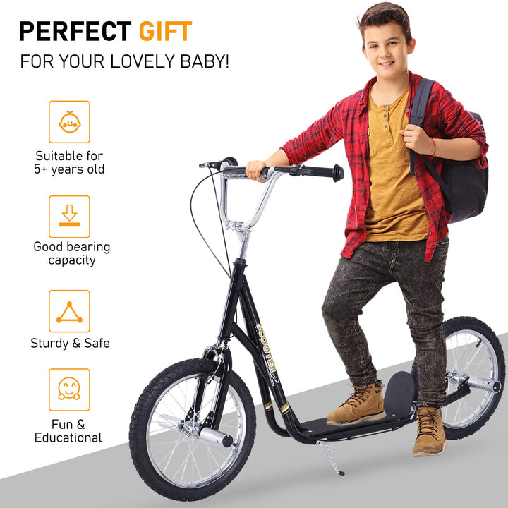 Stunt Scooter, Kids Scooter with 16" Big Wheels, Adjustable Height, Dual Brakes, for Ages 5+ Years, Black
