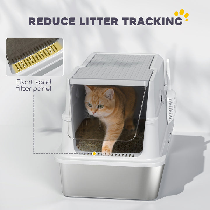 Extra Large Stainless Steel, Cat Litter Tray with Scoop, Flip Top