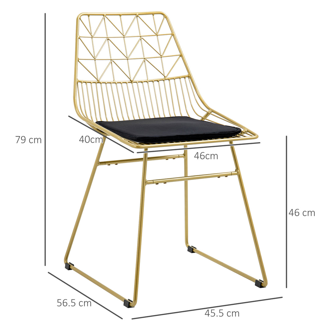 Luxurious Dining Chairs Set of 2, Metal Wire Kitchen Chair with Removable Velvet-feel Cushion, Cut-out Back and Steel Frame for Dining Room, Gold Tone
