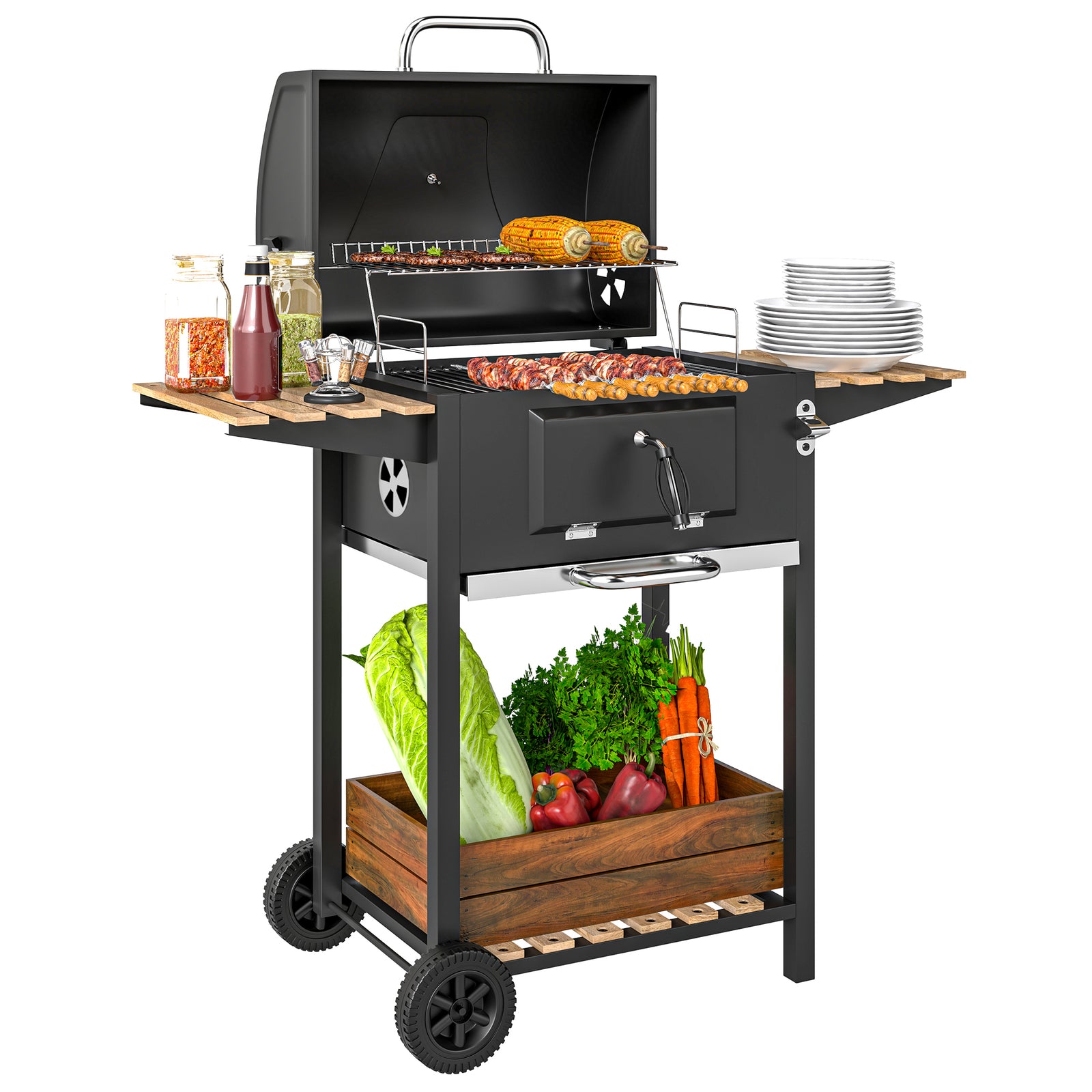 Charcoal BBQ Grill with Height Adjustable Charcoal Pan, Barbecue Smoker with Warming Rack, 3 Shelves, Temperature Gauge, Wheels, Bottle Opener for Outdoor Cooking Garden Party