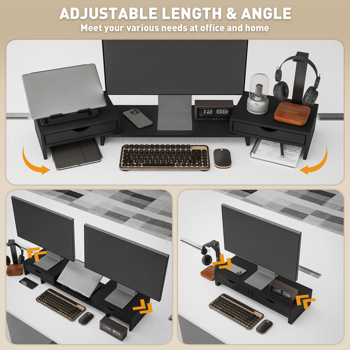 Dual Monitor Stand Riser with 2 Drawers, Adjustable Length and Angle, 116cm Monitor Riser for Laptop, Computer, PC, Small Printer, Black