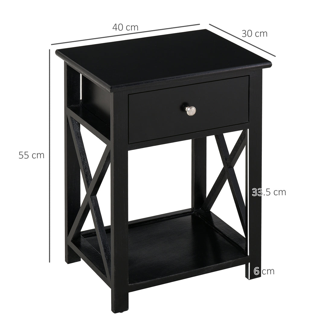 End Table, Sofa Side Table with Drawer X Bar Bottom Storage Shelf, Nightstand Bedside Table for Bedroom or Living Room Black