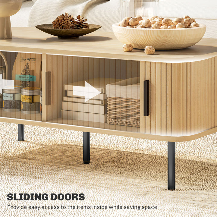 Coffee Table with Storage, Living Room Table with Slatted Tambour Sliding Doors and Foot Pads, Rectangular Coffee Table with Elevated Base for Living Room, Oak