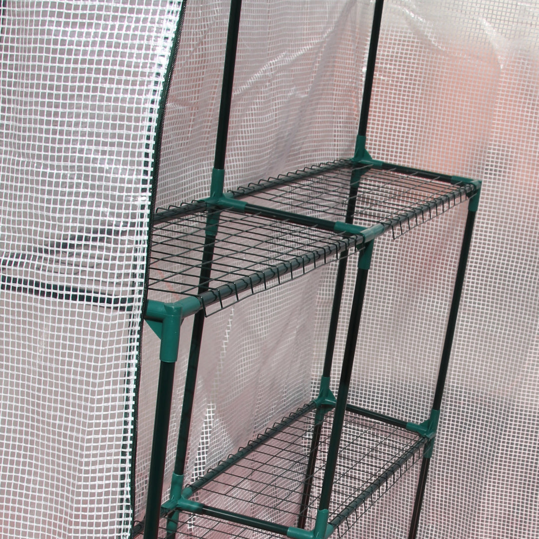 Walk In Greenhouse with 2 Tier Shelf, Portable Gardening Plant Grow House Tomato Greenhouse with Roll up Zip Panel Door, Reinforced PE Cover, 143 x 143 x 195cm, Green