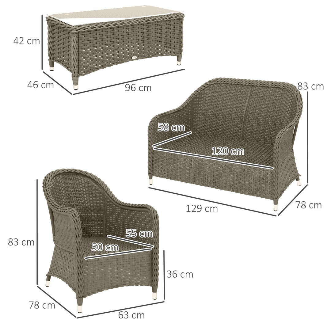 Four-Piece Rattan Sofa Set, with Glass-Top Table - Light Grey