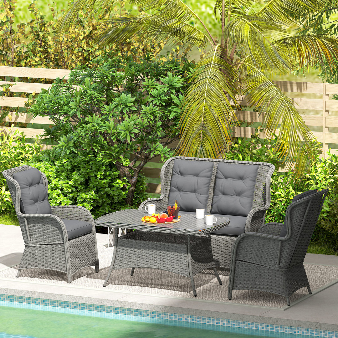 Garden PE Rattan Dining Sofa Set, Outdoor 4 Seater Wicker Furniture, High Back Chairs with Cushions, Tempered Glass Coffee Table for Patio, Light Grey