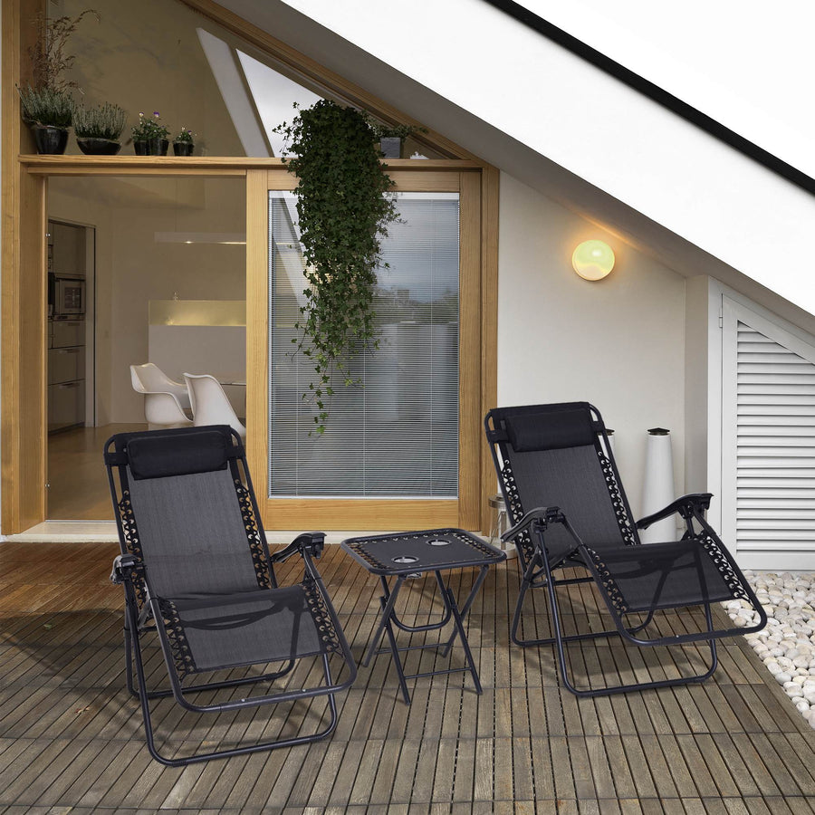 Folding Zero Gravity Chairs, 3 Pieces Adjustable Sun Lounger and Table Set with Cup Holder and Headrest, Patio Bistro Set with Reclining Garden Chairs for Outdoor, Black