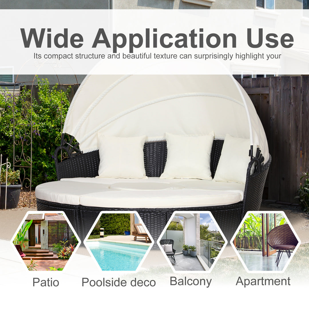 Five-Piece Rattan Garden Bed, with Canopy - Black/White