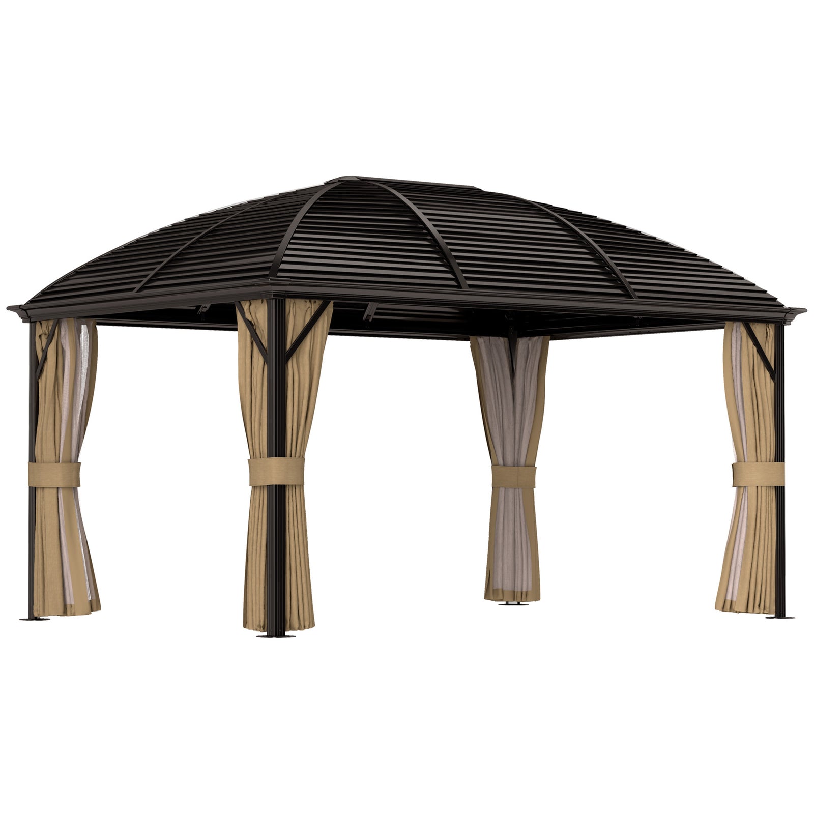 3 x 4m Hardtop Gazebo Canopy with Metal Roof, Aluminium Gazebo Permanent Pavilion with Netting and Curtains, Brown