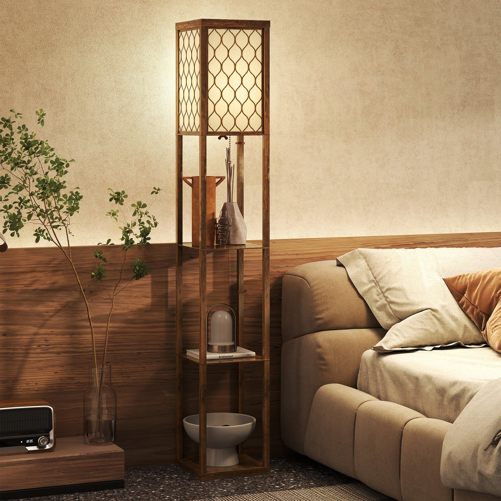 Three-Shelf Standing Lamp - Rustic Brown/White