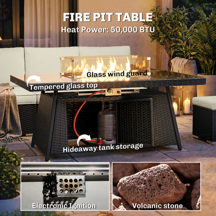 7 Pieces PE Rattan Garden Furniture Set, 50,000 BTU Gas Fire Pit Table