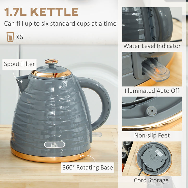 3000W 1.7L Rapid Boil Kettle & 2 Slice Toaster, Kettle and Toaster Set with 7 Browning Controls and Crumb Tray, Grey