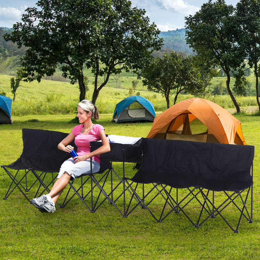 6 Seat Folding Sports Bench Portable Sports Team Bench Spectator Chair with Cooler Bag and Carrying Bag for Outdoor Picnic Camping - Black