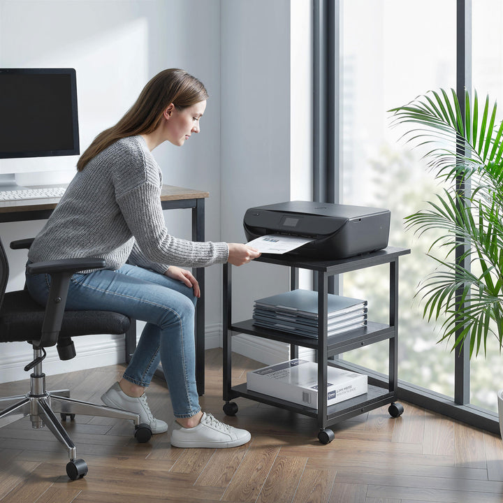 Three-Tier Steel Printer Stand, with Wheels - Black
