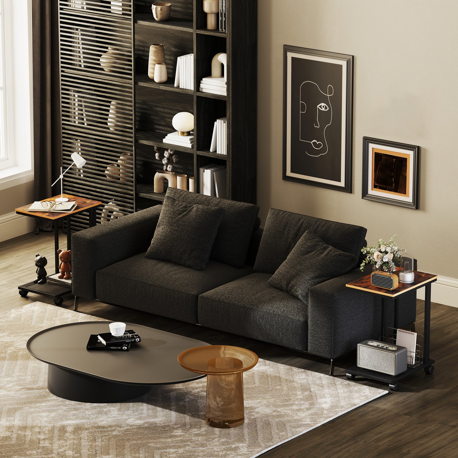 C Shaped Side Table Set of 2 with Wheels, Mobile End Table, Laptop Stand with Metal Frame and Storage Shelf, Rustic Brown