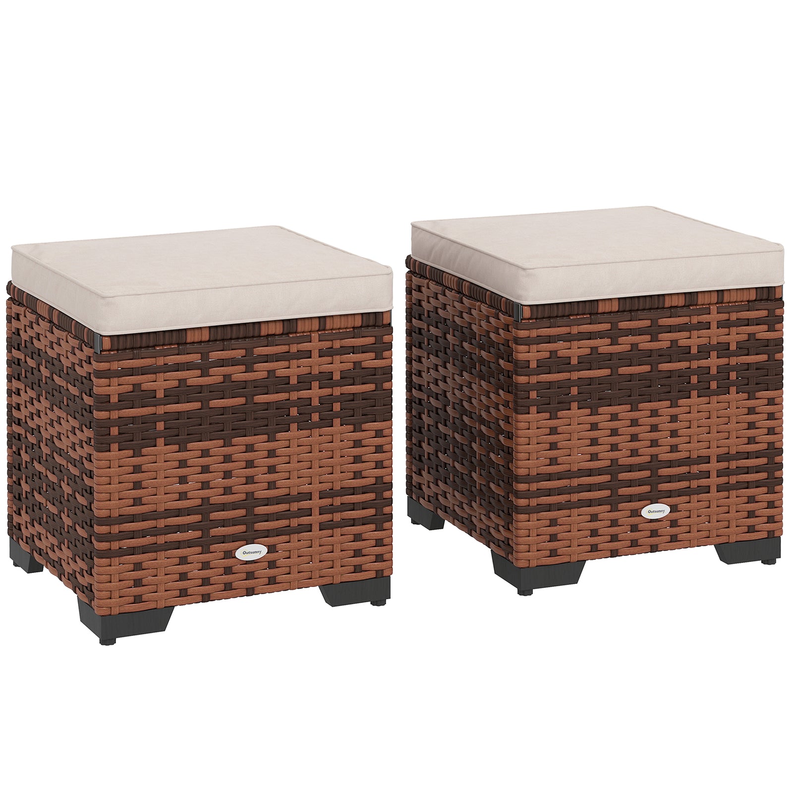 Set of 2 Rattan Storage Ottoman, Outdoor Footstool with Removable Cushions, Garden Storage Seat for Balcony, Porch, Living Room, Beige