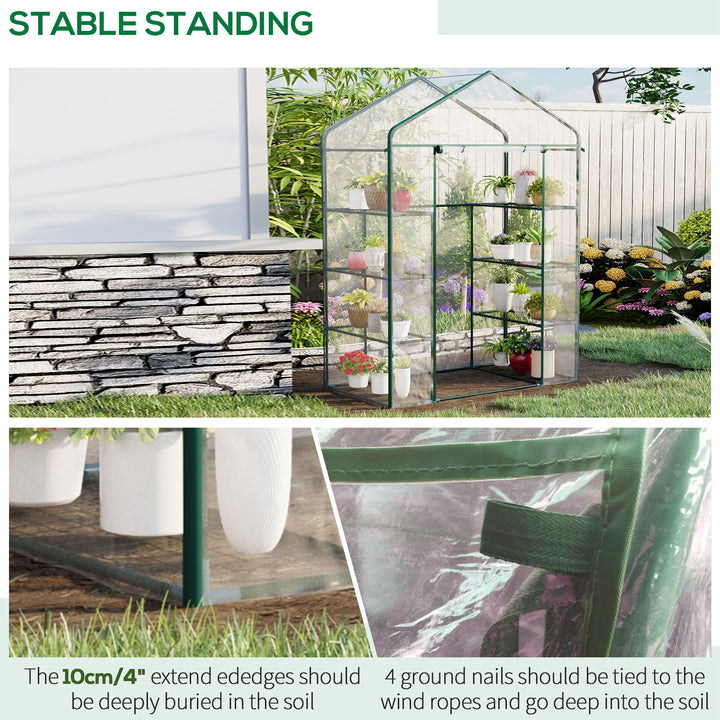 Walk in Greenhouse with 4-Tier 8 Shelves, Green House with Hemmed Cover, Roll-up Zipped Door, Steel Frame, 143 x 73 x 195cm
