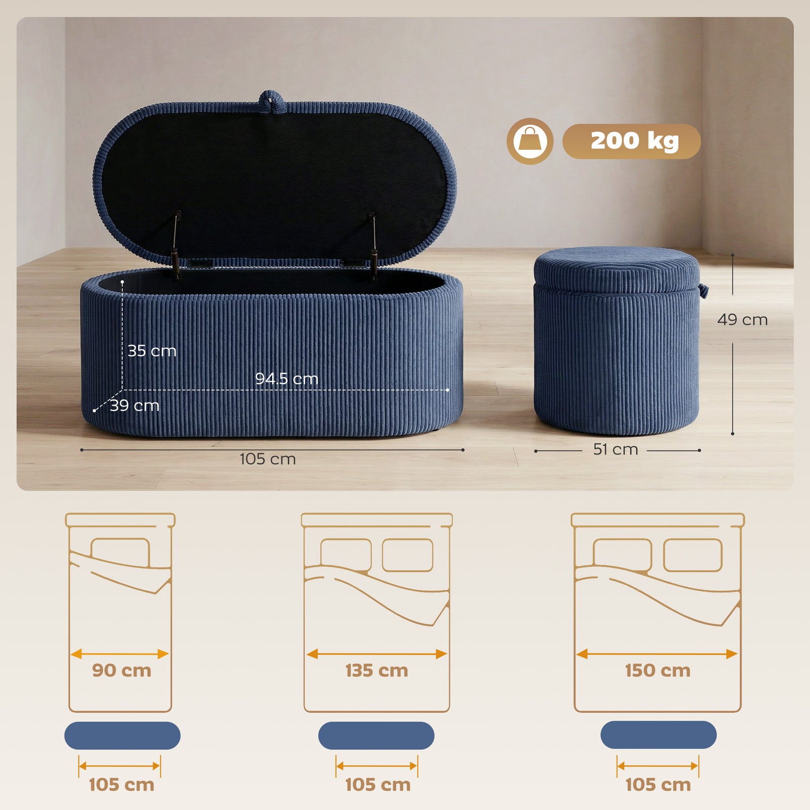 Storage Ottoman, Corduroy Upholstered Ottoman Storage Box with Padded 
