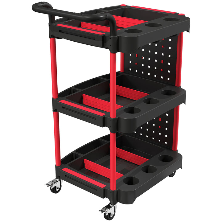 3-Tier Rolling Tool Cart with Pegboard and Hooks, Storage Trolley