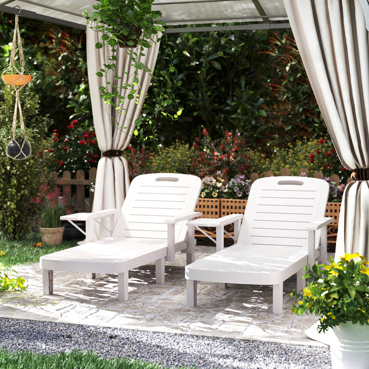 Set of 2 Resin Reclining Sun Loungers for Garden, 5 Positions Adjustable Outdoor Chaise Lounge Chairs with Wood Texture Surface, Armrests, Foldable Side Table for Garden, Beach, White