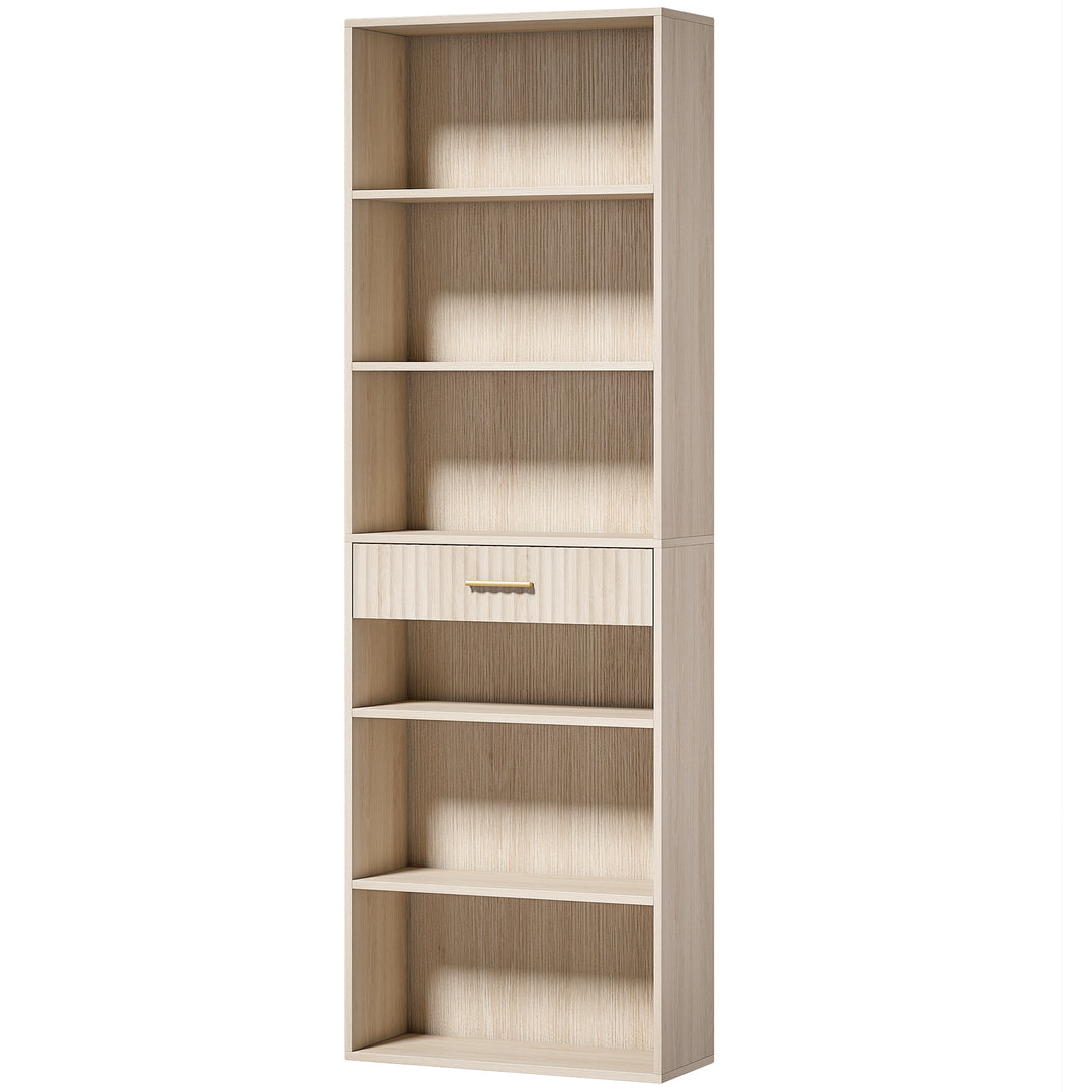 Bookcase Narrow Tall Space-Saving Bookshelf Drawer Open Shelves 60 x - Oak Wood Effect